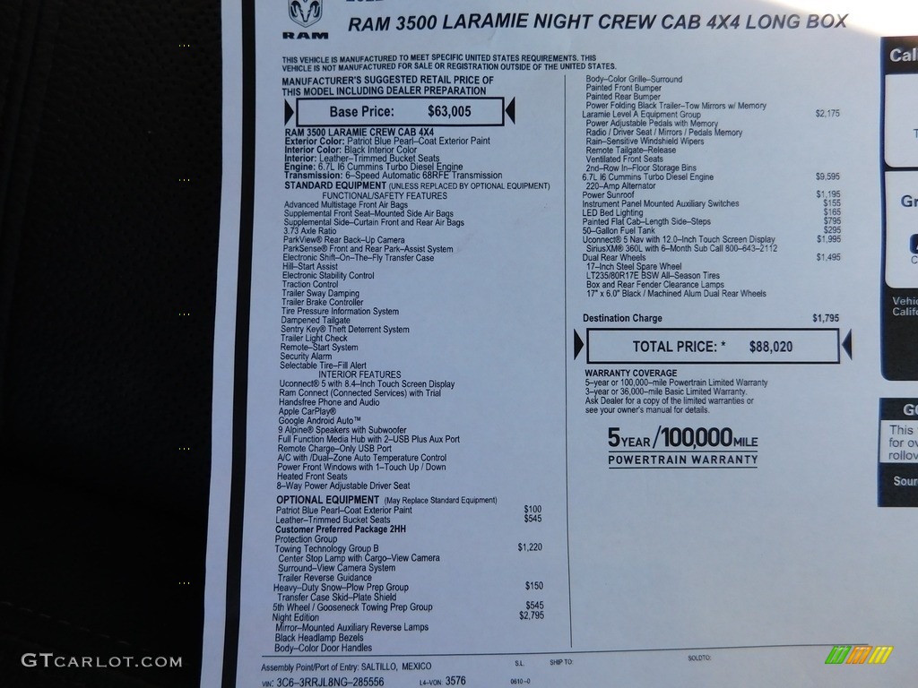 2022 Ram 3500 Laramie Crew Cab 4x4 Window Sticker Photo #145126272
