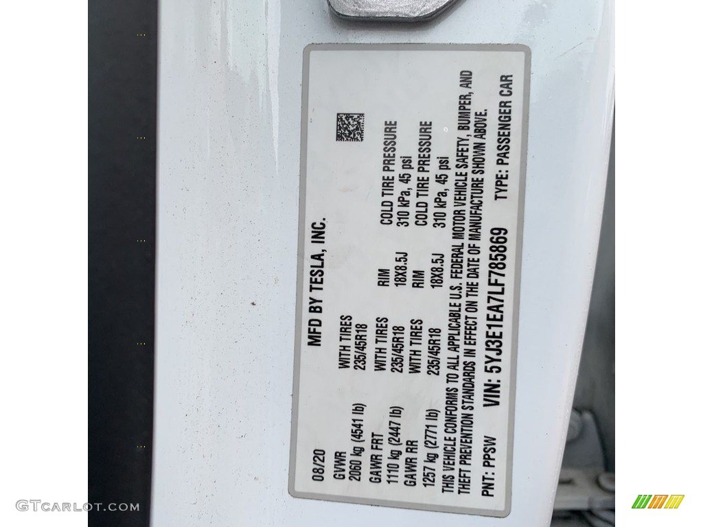 2020 Model 3 Standard Range Plus - Pearl White Multi-Coat / White/Black photo #38