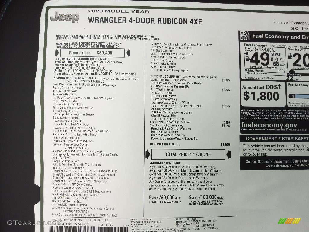 2023 Jeep Wrangler Unlimited 4xe Rubicon w/Sky One-Touch Window Sticker Photo #145132651