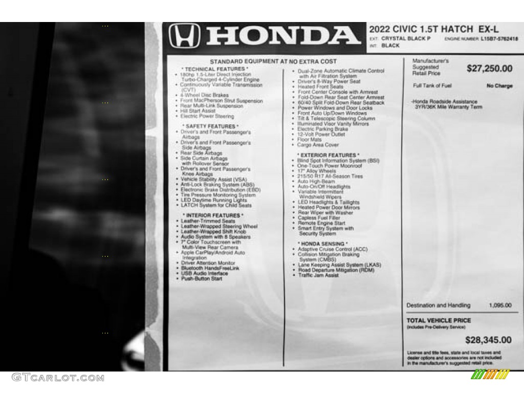 2022 Honda Civic EX-L Hatchback Window Sticker Photos