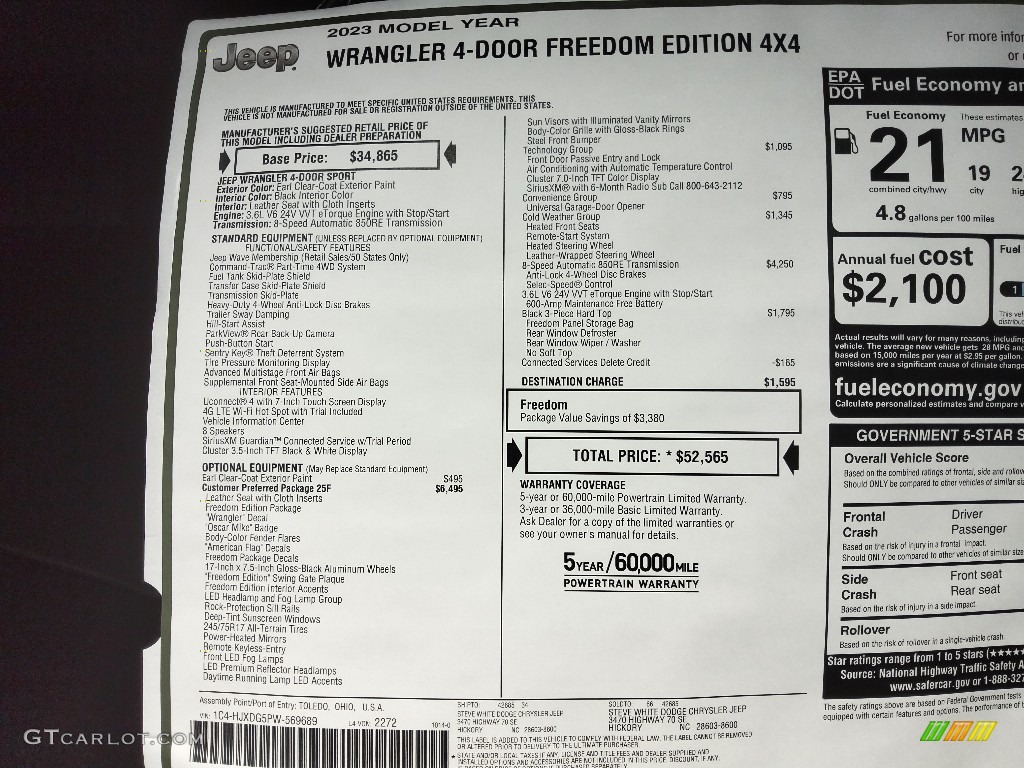 2023 Jeep Wrangler Unlimited Freedom Edition 4x4 Window Sticker Photo #145152165