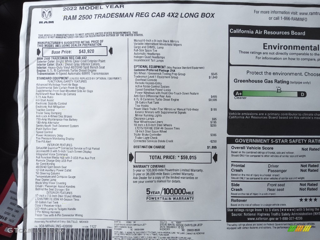2022 Ram 2500 Tradesman Regular Cab 4x4 Window Sticker Photos