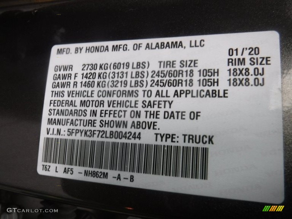 2020 Ridgeline RTL-E AWD - Pacific Pewter Metallic / Black photo #33