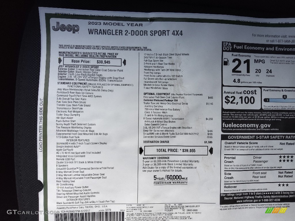 2023 Jeep Wrangler Sport 4x4 Window Sticker Photo #145185090