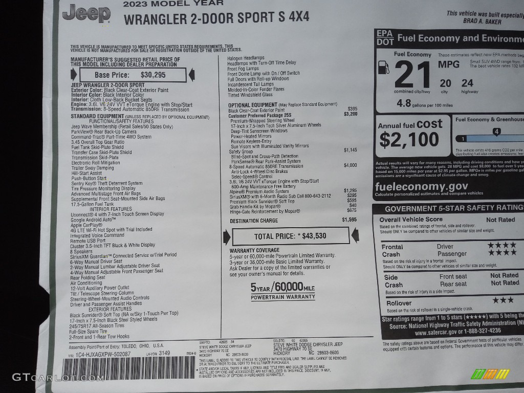 2023 Jeep Wrangler Sport S 4x4 Window Sticker Photos