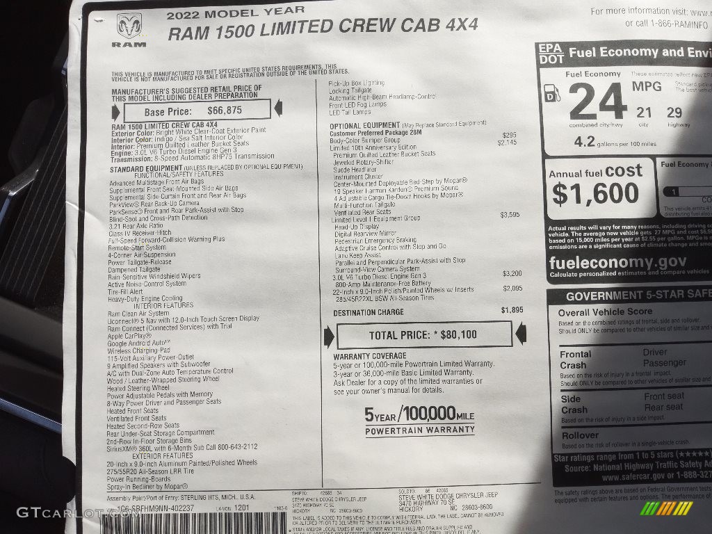 2022 Ram 1500 Limited Crew Cab 4x4 Window Sticker Photo #145223931