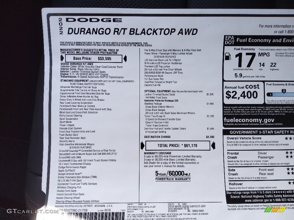 2022 Dodge Durango R/T AWD Window Sticker Photo #145228785