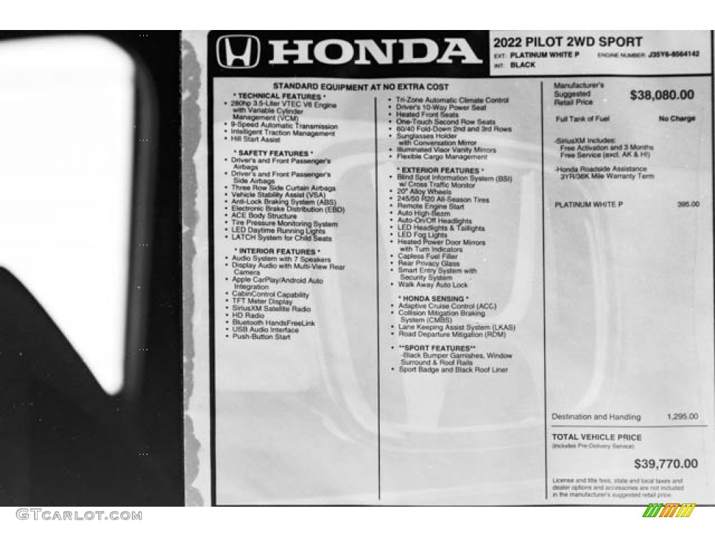 2022 Honda Pilot Sport Window Sticker Photo #145230503