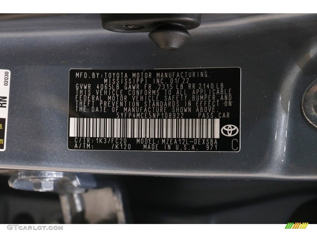 2022 Corolla Color Code 1K3 for Celestite Gray Metallic Photo #145234991