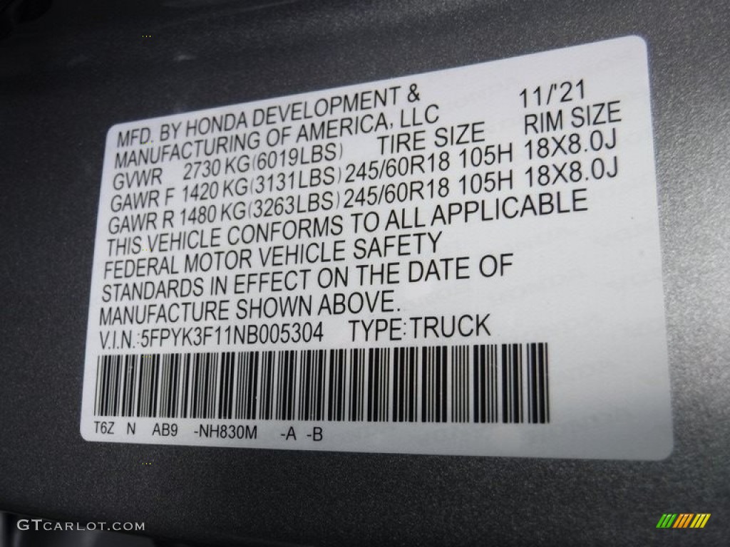 2022 Honda Ridgeline Sport AWD Color Code Photos
