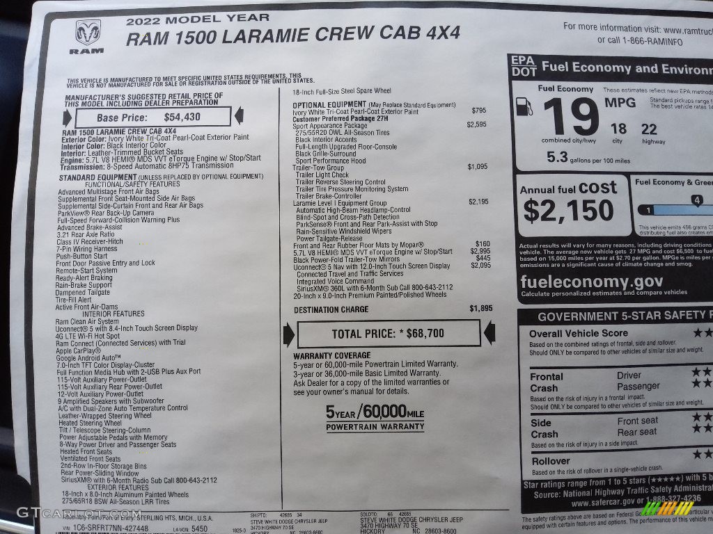 2022 Ram 1500 Laramie Crew Cab 4x4 Window Sticker Photo #145252275