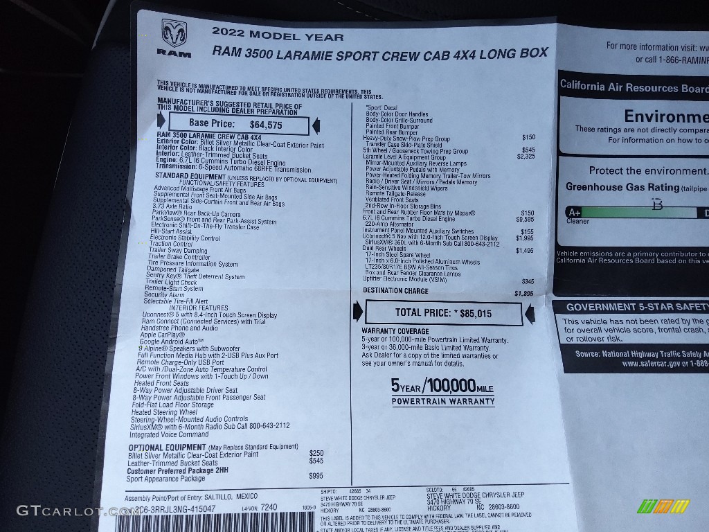 2022 Ram 3500 Laramie Crew Cab 4x4 Window Sticker Photo #145254723