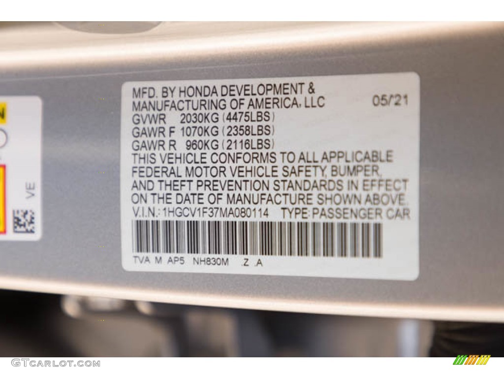 2021 Accord Color Code NH830M for Lunar Silver Metallic Photo #145268908