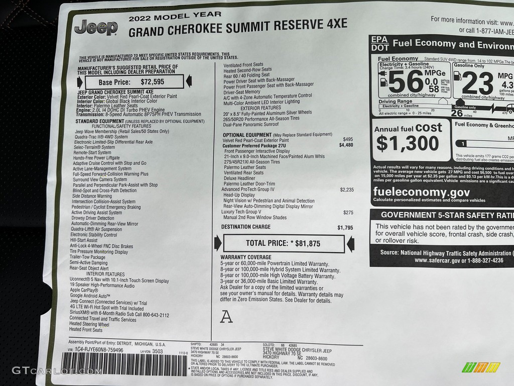 2022 Jeep Grand Cherokee Summit Reserve 4XE Hybrid Window Sticker Photo #145278530