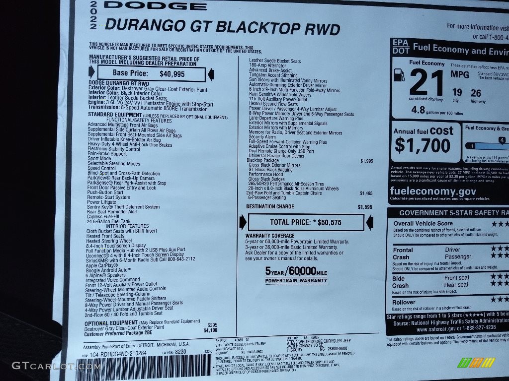 2022 Dodge Durango GT Blacktop Window Sticker Photo #145303089