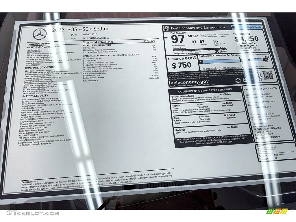 2023 Mercedes-Benz EQS 450+ Sedan Window Sticker Photo #145308014
