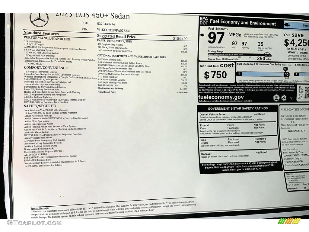 2023 Mercedes-Benz EQS 450+ Sedan Window Sticker Photo #145308410