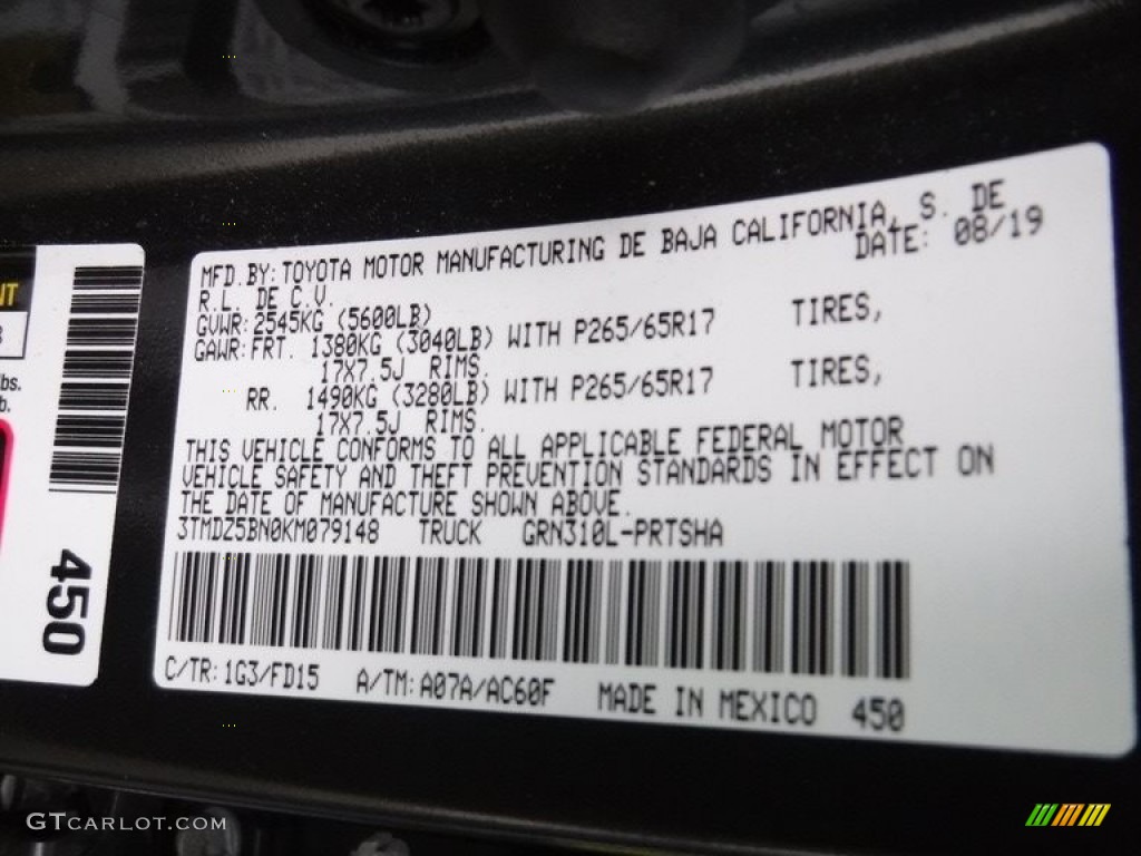 2019 Tacoma Color Code 1G3 for Magnetic Gray Metallic Photo #145312487