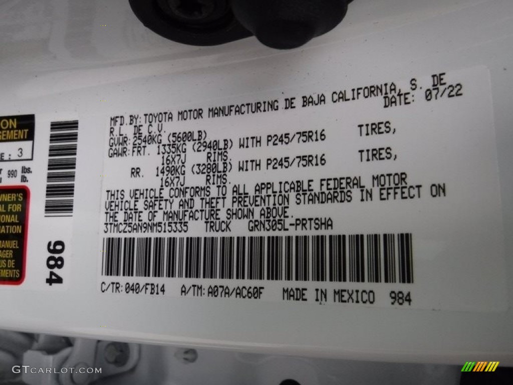 2022 Tacoma Color Code 040 for Super White Photo #145313500