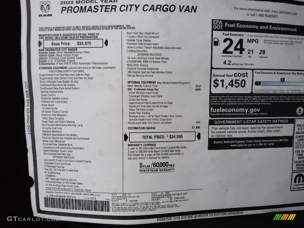 2022 Ram ProMaster City Tradesman Cargo Van Window Sticker Photo #145315644