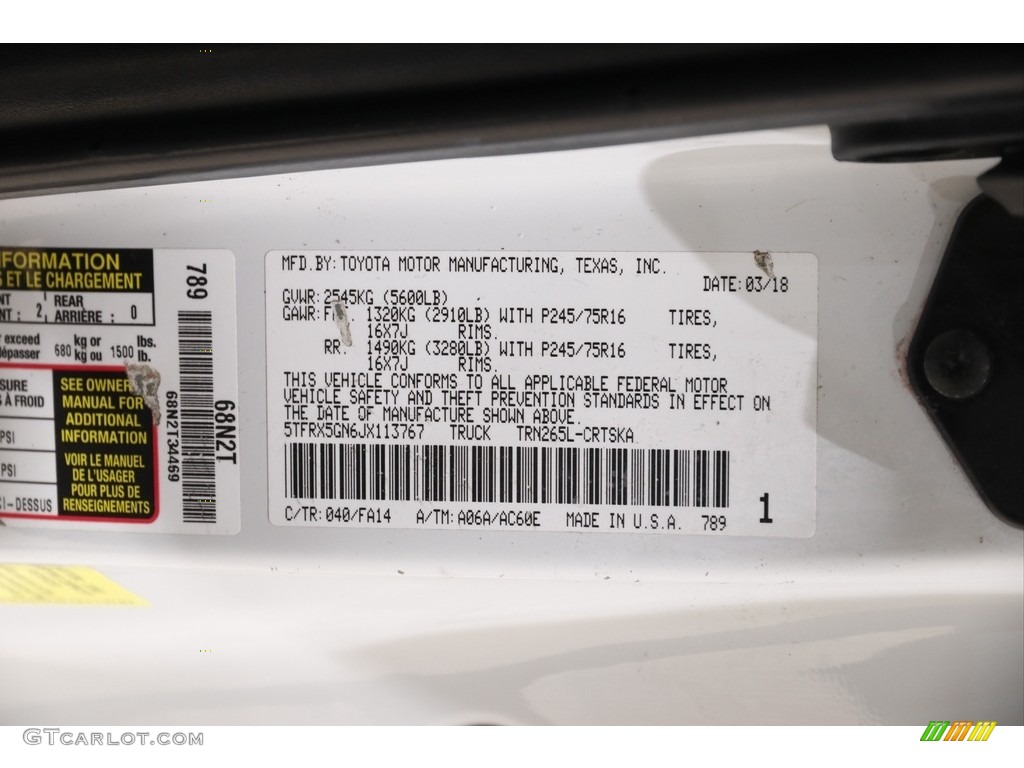 2018 Tacoma Color Code 040 for Super White Photo #145315821