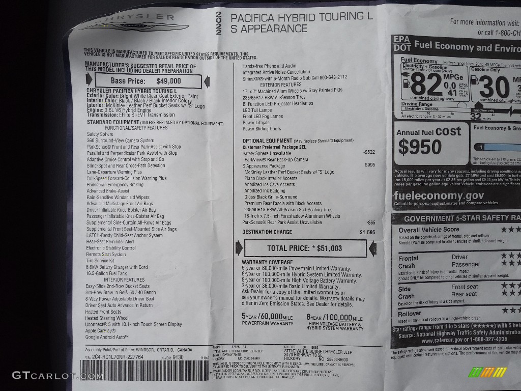 2022 Chrysler Pacifica Hybrid Touring L Window Sticker Photo #145318302
