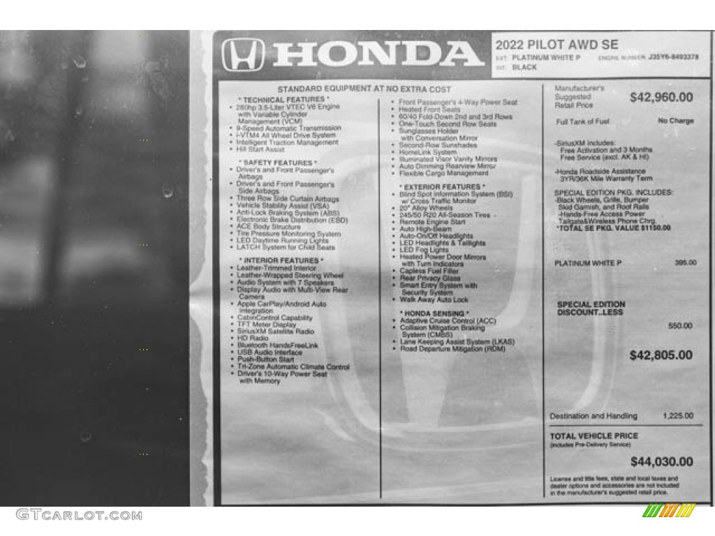 2022 Honda Pilot Special Edition AWD Window Sticker Photos