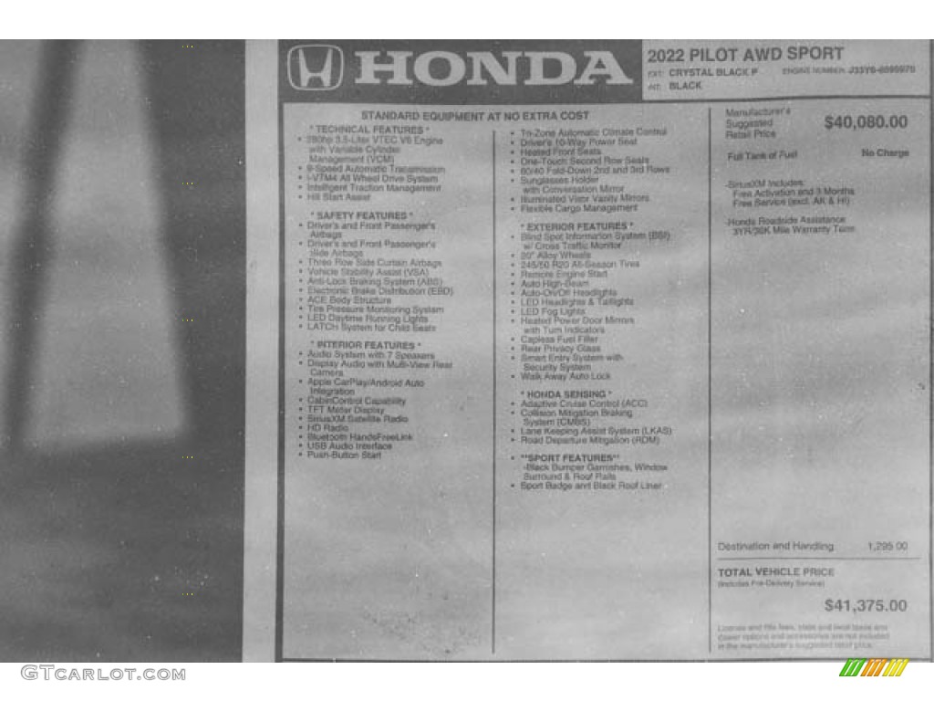 2022 Honda Pilot Sport Window Sticker Photos