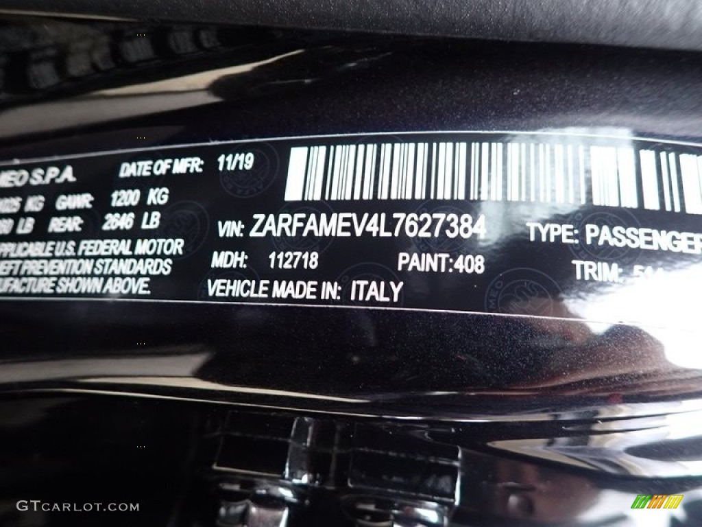 2020 Giulia Color Code 408 for Vulcano Black Metallic Photo #145339164