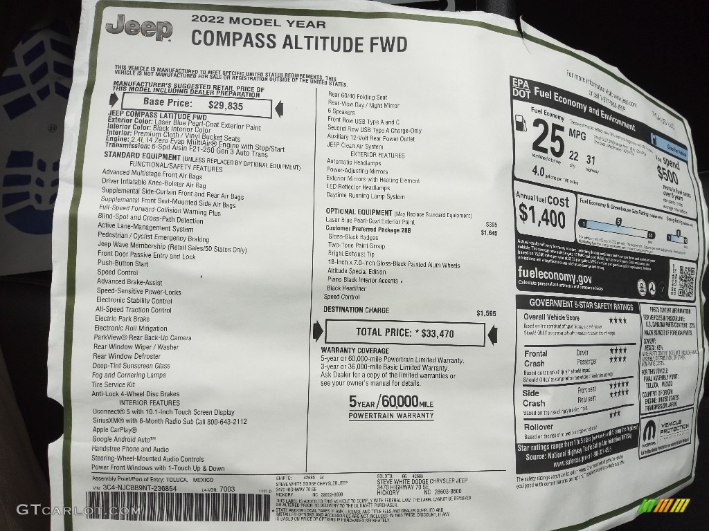 2022 Jeep Compass Altitude Window Sticker Photo #145350220