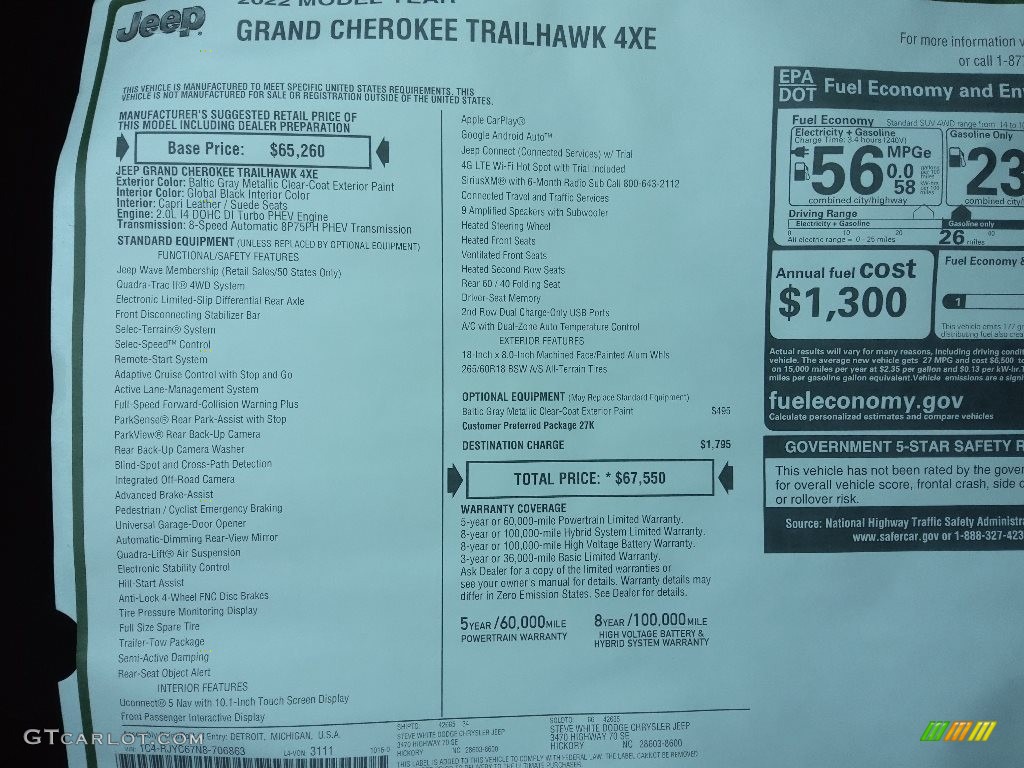 2022 Jeep Grand Cherokee Trailhawk 4XE Hybrid Window Sticker Photo #145360596