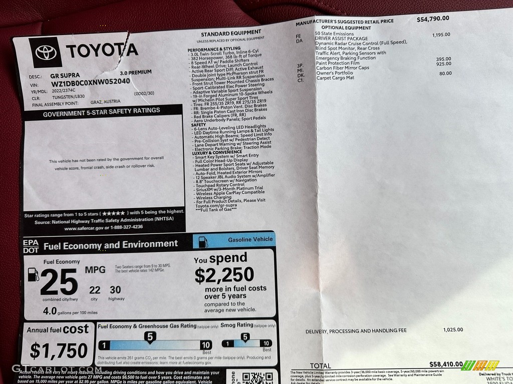 2022 Toyota GR Supra 3.0 Premium Window Sticker Photos