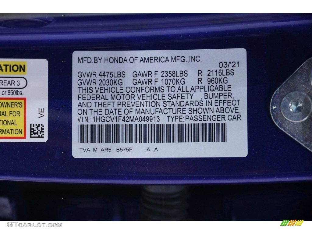 2021 Accord Color Code B575P for Still Night Pearl Photo #145368872