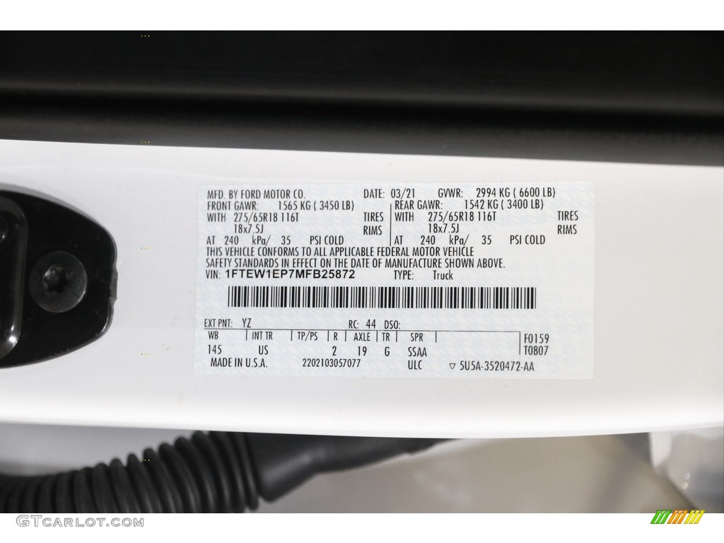 2021 F150 Color Code YZ for Oxford White Photo #145378786