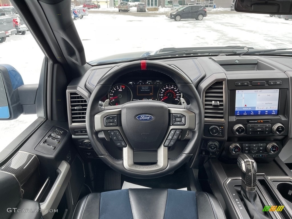 2020 Ford F150 SVT Raptor SuperCrew 4x4 Raptor Black/Recaro Blue Accent Steering Wheel Photo #145380505