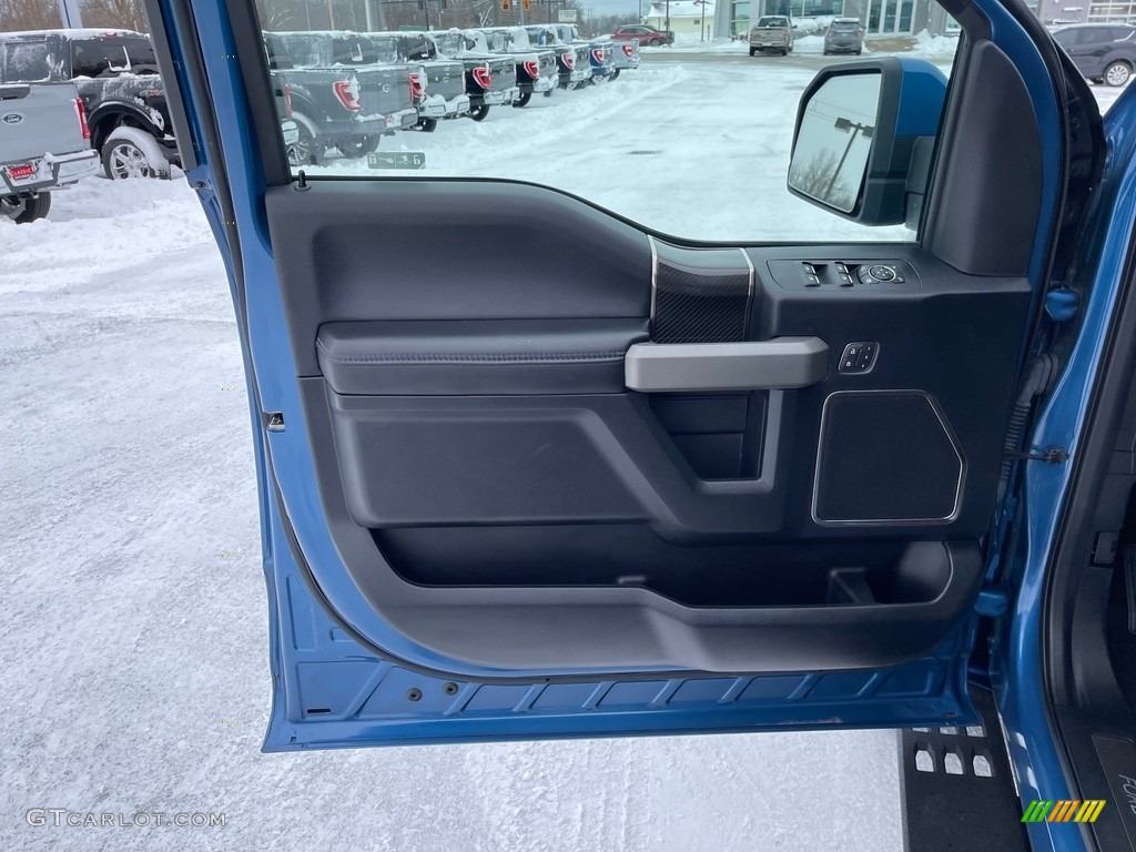 2020 Ford F150 SVT Raptor SuperCrew 4x4 Raptor Black/Recaro Blue Accent Door Panel Photo #145380576