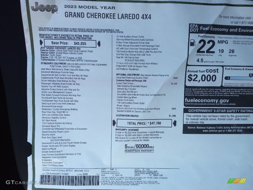 2023 Jeep Grand Cherokee Laredo 4x4 Window Sticker Photo #145382368