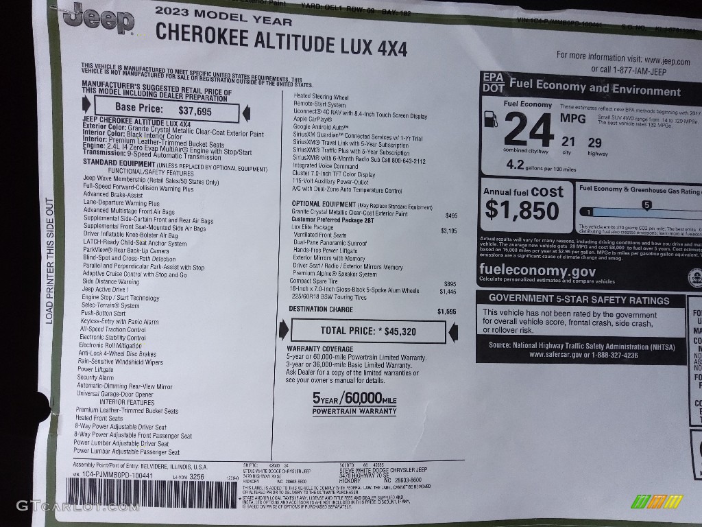 2023 Jeep Cherokee Altitude Lux 4x4 Window Sticker Photo #145383226