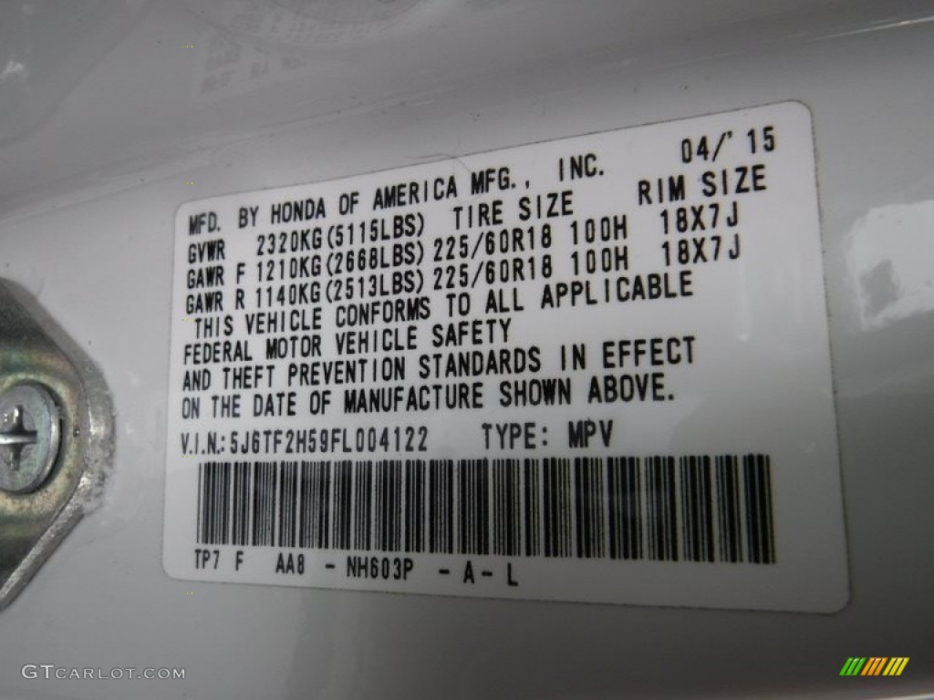 2015 Crosstour Color Code NH603P for White Diamond Pearl Photo #145383934