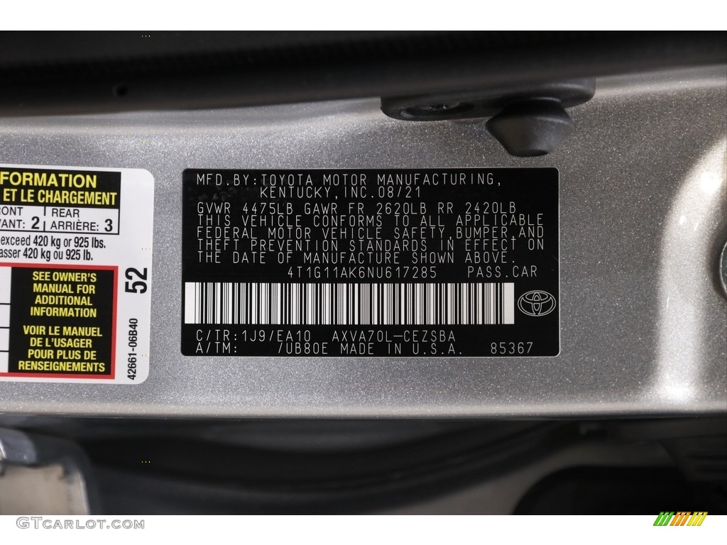 2022 Camry Color Code 1J9 for Celestial Silver Metallic Photo #145389894