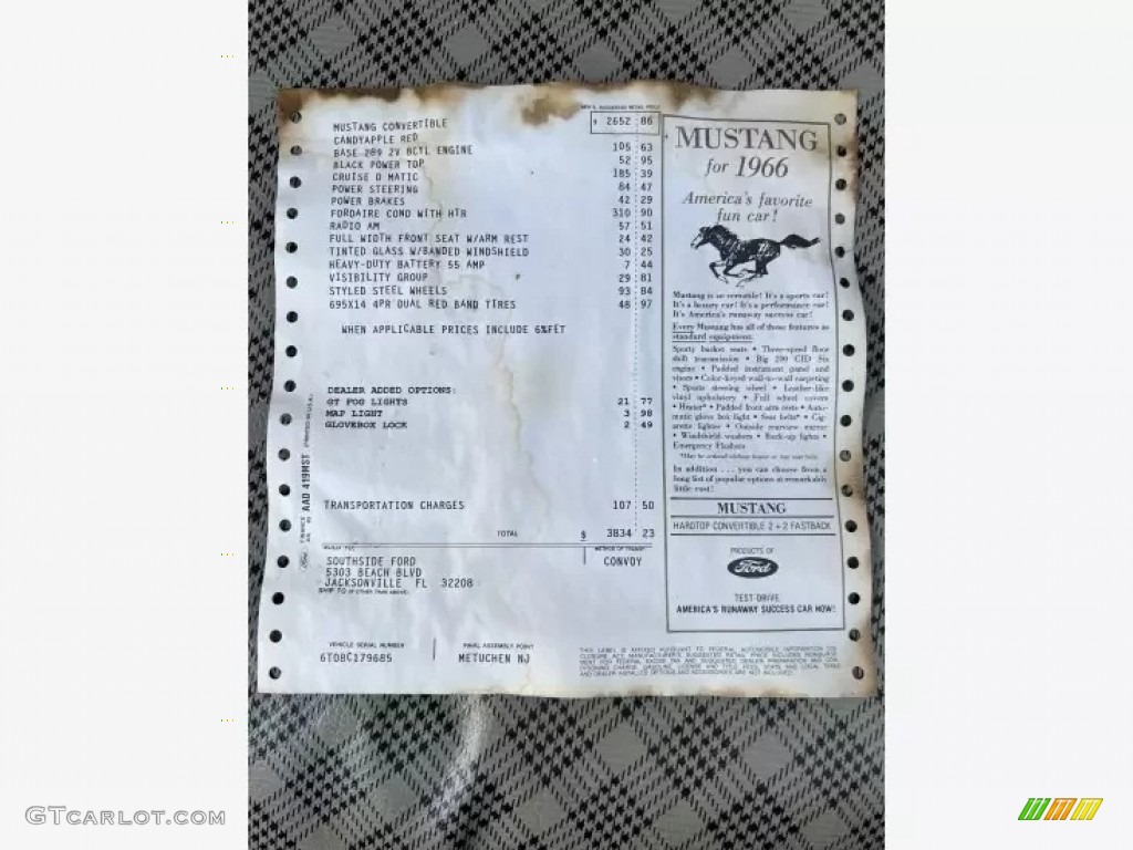 1966 Ford Mustang Convertible Window Sticker Photos