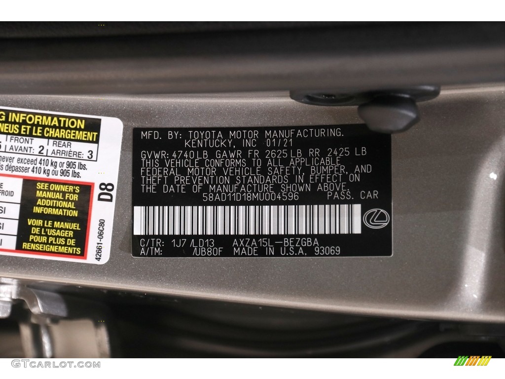 2021 Lexus ES 250 AWD Color Code Photos
