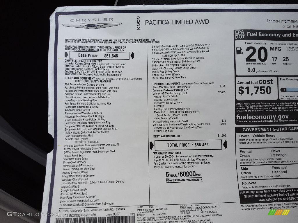 2022 Chrysler Pacifica Limited AWD Window Sticker Photo #145407864