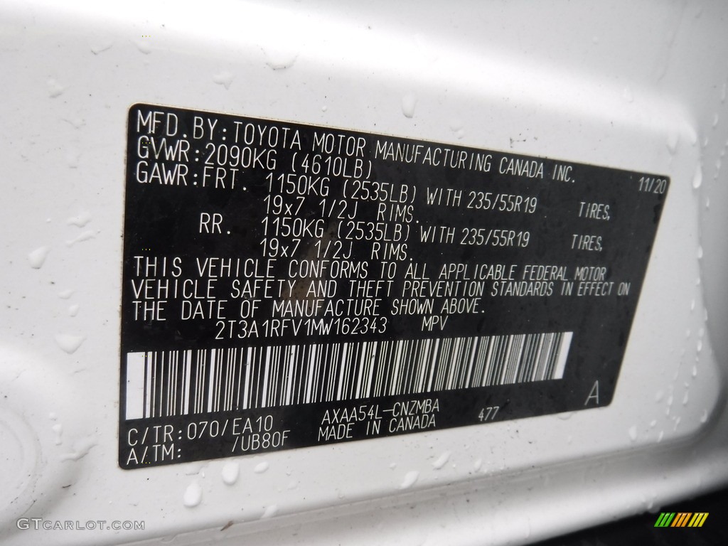 2021 RAV4 Color Code 070 for Blizzard White Pearl Photo #145414708