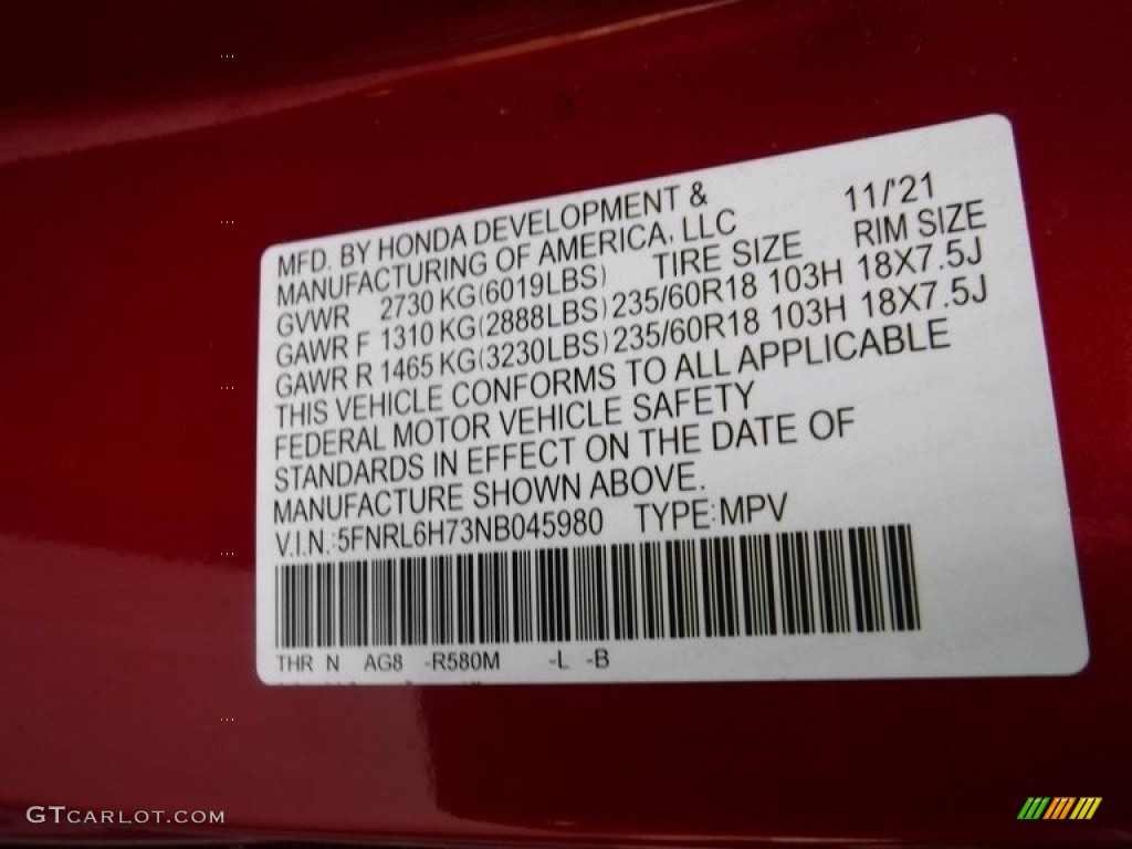 2022 Odyssey Color Code R580M for Radiant Red Metallic II Photo #145417121