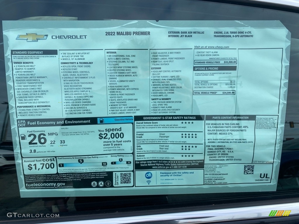 2022 Chevrolet Malibu Premier Window Sticker Photos