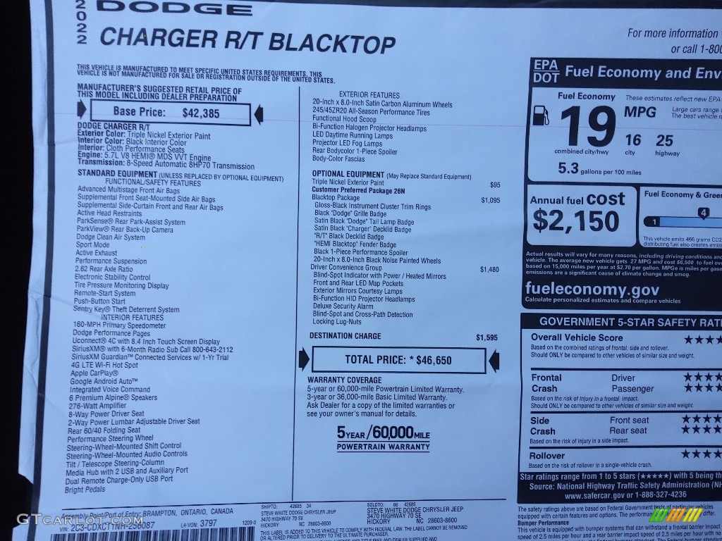 2022 Dodge Charger R/T Blacktop Window Sticker Photo #145446109