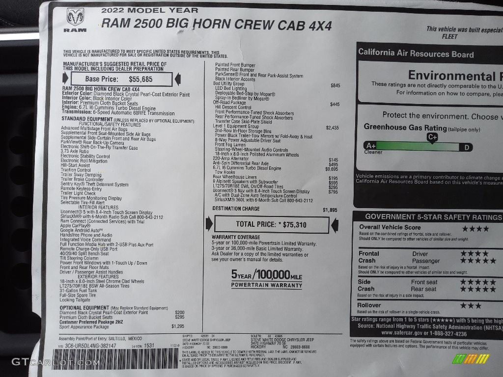 2022 Ram 2500 Big Horn Crew Cab 4x4 Window Sticker Photos