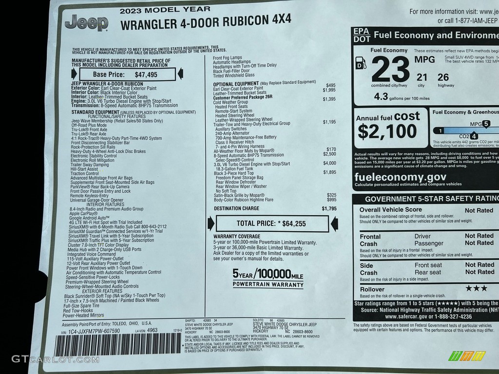 2023 Jeep Wrangler Unlimited Rubicon 4x4 Window Sticker Photo #145451080