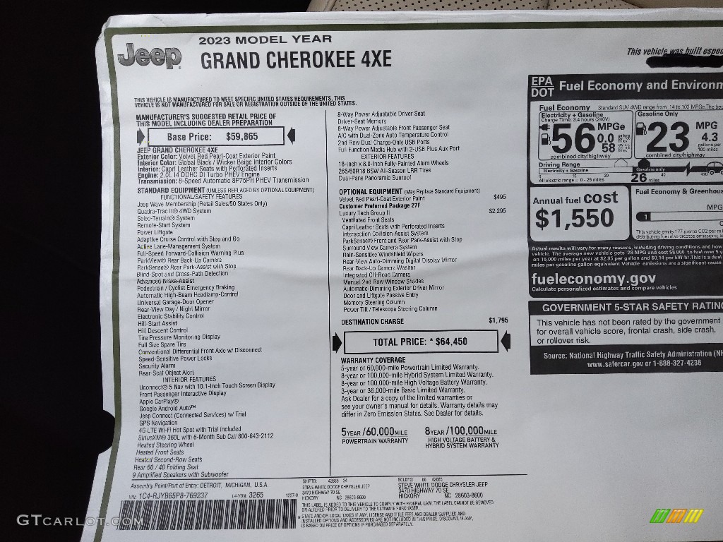 2023 Jeep Grand Cherokee 4XE Window Sticker Photo #145459595